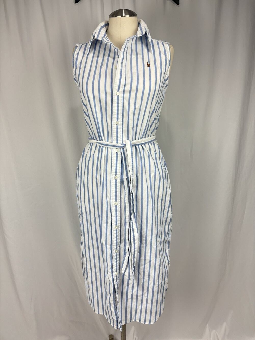 Polo Ralph Lauren Striped Sleeveless Oxford Shirtdress Blue White Belted Midi XS